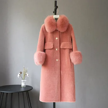 Женская куртка из 100% шерсти, длинная шуба из натурального меха, зимняя куртка С воротником из натурального лисьего меха и манжетами на рукавах, верхняя одежда, модное пальто