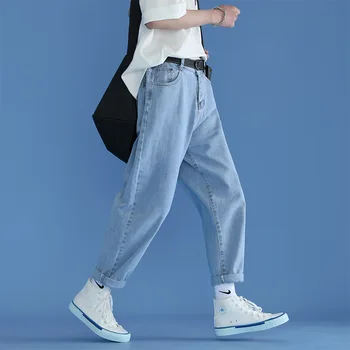 Светло-голубые джинсы, мужские летние тонкие повседневные брюки свободного покроя в корейском стиле с завязками на щиколотках, модные укороченные брюки для мальчиков
