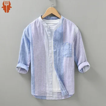 Японская минималистичная мужская льняная рубашка с вертикальной полосой на шее и рукавами в три четверти, Летняя тонкая мужская верхняя рубашка из чистого льна