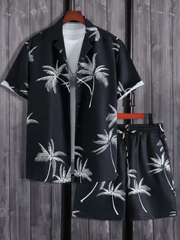 Комплект Рубашек Hot Style Harajuku Мужская Рубашка с Случайным Принтом В виде Пальмы и Шорты На завязках На талии