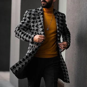 Теплая повседневная длинная куртка-кардиган, новый мужской модный однобортный пиджак с принтом в ретро-клетку, мужская шерстяная куртка в клетку 2023