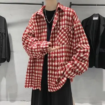 Куртка в клетку, мужская корейская мода, весна и осень, модный бренд, одежда большого размера, осенняя шерстяная свободная куртка