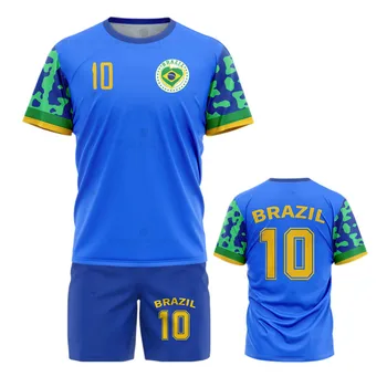Мужские комплекты, футболка с рисунком бразильского футбола, футболка с футбольным флагом, Шорты с принтом, Синяя сетчатая спортивная одежда с мячом, Форма команды