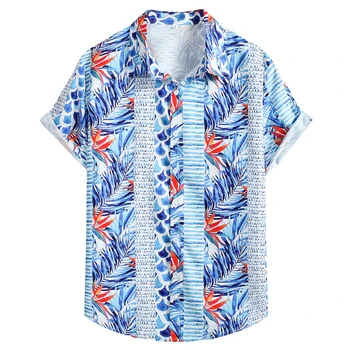 Мужские летние тропические пляжные рубашки с коротким рукавом, стильная гавайская рубашка в синюю полоску с цветочным рисунком, мужская одежда для вечеринок, отдыха, Camisa Masculina
