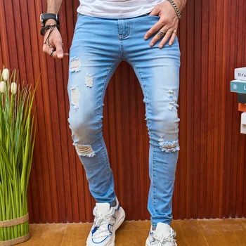 Стильная уличная одежда, мужские узкие джинсовые брюки с дырками, однотонные повседневные тонкие мужские джинсовые брюки