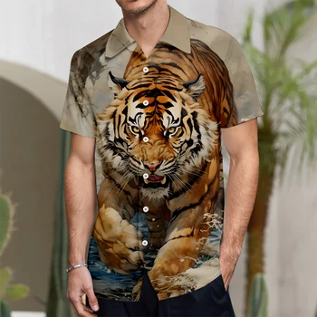 Гавайская Мужская Рубашка Beast Tiger, Свободные Негабаритные Топы С Коротким Рукавом, Модная Мужская Одежда С Животным Рисунком, Повседневная Уличная Одежда Для Вечеринок