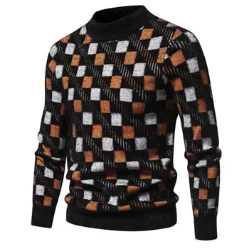 Мужской свитер с геометрическим принтом, плюшевый мужской свитер, теплый пуловер с круглым вырезом для деловой повседневной одежды, свитер с геометрическим рисунком
