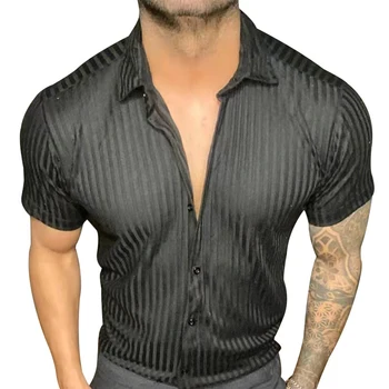 Модные мужские рубашки 2023, Летние Рубашки с коротким рукавом, мужские Повседневные Облегающие Полосатые деловые рубашки, мужские топы на пуговицах