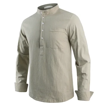Горячая распродажа мужских рубашек с длинными рукавами Cotton Line, летние однотонные рубашки со стоячим воротником, повседневный пляжный стиль, большие размеры