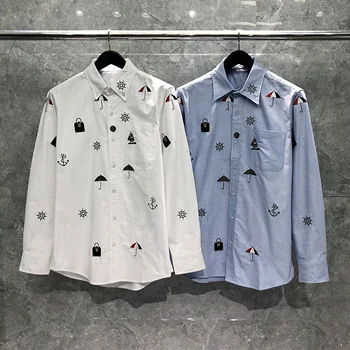 Мужские рубашки TB THOM 2023, Весенние Модные брендовые топы, Классические блузки с оксфордской вышивкой, повседневные формальные рубашки Harajuku, облегающие рубашки