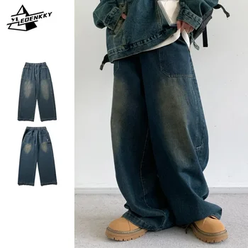 Выстиранные Джинсы Harajuku, Мужские И женские Джинсовые брюки в стиле Хип-хоп С Прямыми штанинами, Уличные Винтажные Свободные Широкие Брюки, Повседневные Унисекс