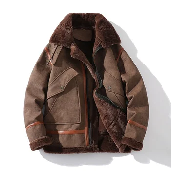 Мужская зимняя теплая куртка из искусственной кожи, верхняя одежда, искусственный мех из шерсти ягненка, повседневное пальто большого размера с отложным воротником, высокое качество