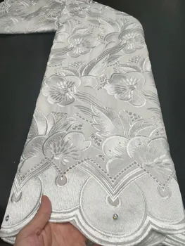 Белоснежная высококачественная африканская кружевная ткань из 100% хлопка с камнями, швейцарская вуаль, 5 ярдов, вышивка в Швейцарии, пошив для платья