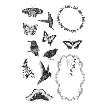 Винтажные штампы в рамке, прозрачные штампы Slicone, декоративные штампы с бабочками и птицами.