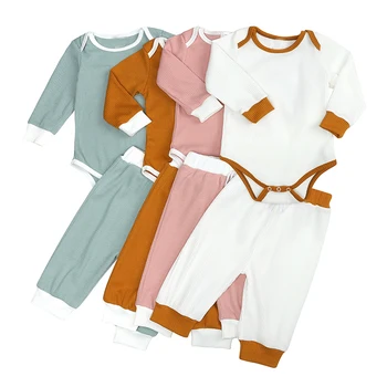 Комплект из 2 предметов для новорожденных, Весенне-осенняя одежда, Пижамы для мальчиков и девочек, трикотажные комбинезоны с круглым вырезом, Детские штаны, пижама для новорожденных