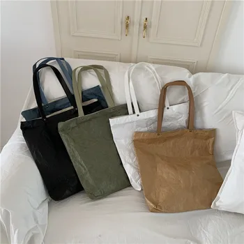 2023 Новые хозяйственные сумки из промытой Крафт-бумаги для женщин в стиле ретро, универсальная Повседневная складная сумка через плечо, школьные сумки в студенческом стиле