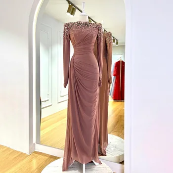 Женское вечернее платье с роскошными кристаллами и длинными рукавами, розовое свадебное платье для гостей, Русалка/Труба, элегантная мать невесты 