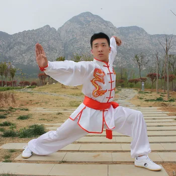 biały podwójny smok tradycyjny chiński Tai Chi odzież z długim rękawem KungFu mundury Wushu TaiChi sztuk walki garni