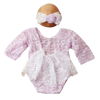 Реквизит для фотосессии новорожденных, повязка на голову с бантом и кружевной комбинезон, Одежда для фотосъемки, головной убор, треугольный комбинезон с открытой спиной для новорожденных
