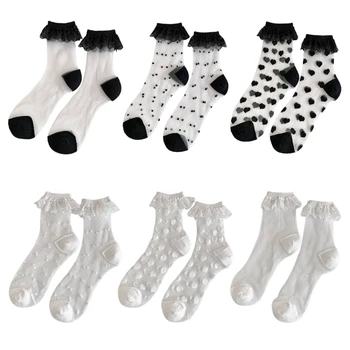 Женские носки для экипажа, японские носки с кружевными оборками и оборками в стиле Лолиты, милые носки до щиколотки принцессы, прозрачные носки из хрусталя и шелка