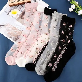 Летние Супертонкие Удобные эластичные носки до щиколотки, чулочно-носочные изделия с вышивкой из шелка в цветочек, Прозрачные Короткие чулки в стиле ретро