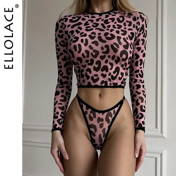 Ellolace Леопардовое нижнее белье, наряды, светло-розовые топы, Комплекты с длинными рукавами для женщин, 2 предмета, интим-товары для молодых девушек контрастного цвета