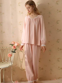 Женская пижама с оборками Sweet Girl, винтажная пижама Принцессы, Комплекты из двух предметов, Весенне-осенняя пижама в викторианском стиле с длинным рукавом