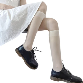   Женские прозрачные шелковистые носки до икр, однотонные прозрачные чулки до колена в стиле Лолиты