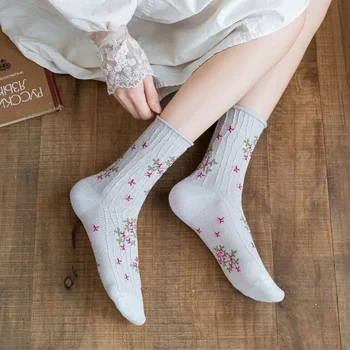 Женские носки для девочек с оборками и вышивкой в стиле Харадзюку, ретро, Цветочная вышивка, Кавайные Милые носки, Корейские, Японские Женские носки для девочек, милые носки для экипажа