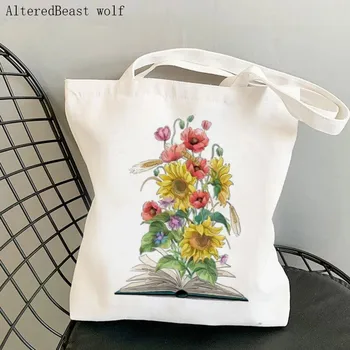 Женская сумка для покупок, открытая книга с цветочным принтом, художественная сумка для покупок в стиле харадзюку, холщовая сумка для покупок, женская сумка-тоут, женская сумка через плечо