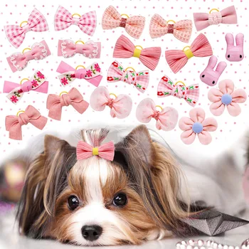 20 штук бантиков в виде собачки в розовом стиле, маленьких бантиков из собачьей шерсти с резинками, украшающих аксессуары для ухода за домашними животными