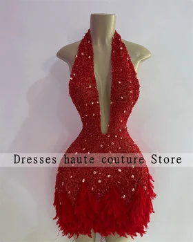 Блестящие Красные Короткие платья для выпускного вечера 2023 с перьями на бретелях, украшенные стразами, платья для коктейлей, платья для вечеринок по случаю Дня рождения, платья для возвращения Домой