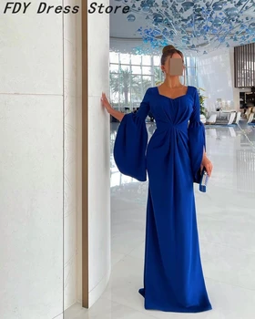 Элегантные вечерние платья Русалки с длинными рукавами, V-образный вырез, Королевские синие платья для выпускного вечера, плиссированные Простые вечерние платья длиной до пола