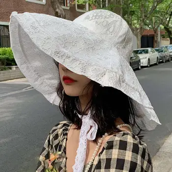 Женская шляпа, сплошной цвет, дышащий, сладкий стиль, белая прочная кружевная Королевская солнцезащитная шляпа с большими полями, женский головной убор для улицы