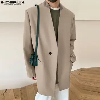 INCERUN 2023 Мужской блейзер в стиле пэчворк с V образным вырезом и длинным рукавом, осенние Мужские повседневные костюмы, уличная одежда, Корейские модные Тонкие пальто на одной пуговице