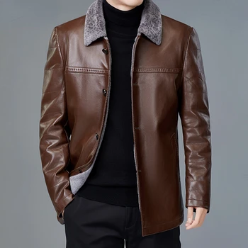 Мужская куртка из натуральной кожи, осенне-зимние плюшевые утолщенные мужские пальто, однобортные свободные повседневные кожаные куртки Abrigos
