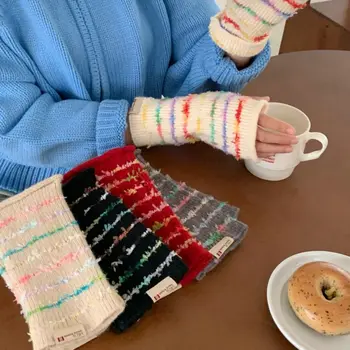 Зимние перчатки в разноцветную полоску, Новая мода, согревающие Зимние перчатки, вязаные однотонные перчатки с трикотажными рукавами